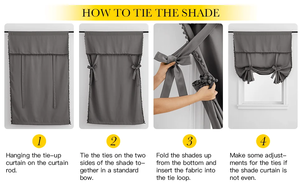 NICETOWN Tie Up Shade Rod Pocket Blackout Curtain with Small Ball Modern European and American Style for Kitchen Small Window
