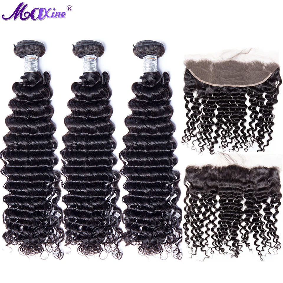 3 пучка с фронтальной глубокой волной человеческие волосы оправой Maxine Remy