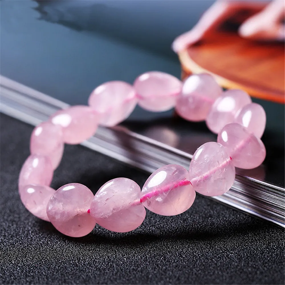 12x12mm Natural Rose Quartz Bracelet For Women Lady Madagascar Stone Heart Love Beads Crystal Fashion Bracelet Jewelry AAAAA