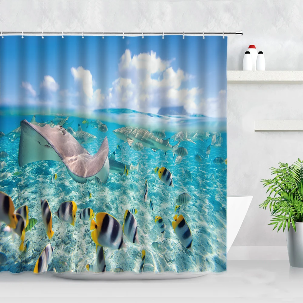 3D Seabed World Marine Life Shower Curtains Tropical Fish Shark Sea Wave Ocean Scenery Modern Bath Screen Decor Bathroom Curtain | Дом и сад