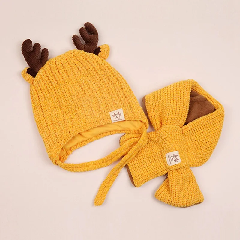 Новая детская шапка, шарф, Рождественский Санта-олень, вязаная шапка с ушками оленьи рога, шерсть, вязанные шапочки, Детская кепка