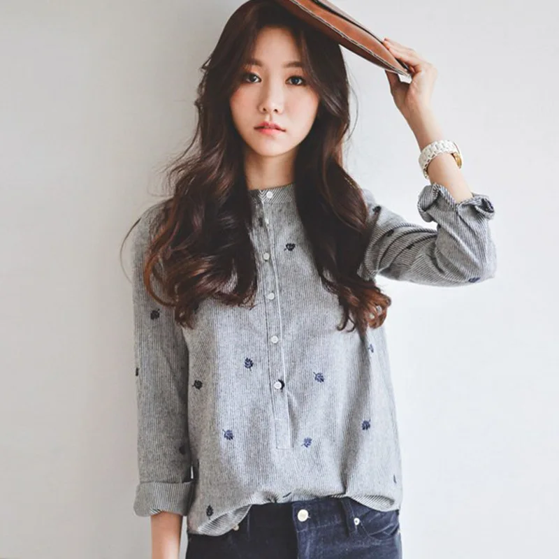 

Women Tops Limited New Polyester Solid new 2019 Spring And Autumn Korean Version Small Fresh Stripe Collar Slim Sleeve Shirt