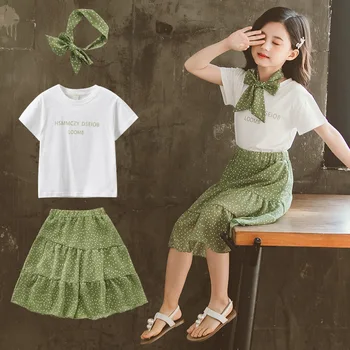

Children's Summer Clothing Set Girls Fashion T- shirt Dot Skirt Outfits Teenage Kids Clothes For 3 4 6 8 10 12 Years Girls