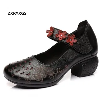 

2019 New Noble Elegant Women Fashion Shoes High Heels Flower Printing Hollow Genuine Leather Shoes Women High Heel Shoes