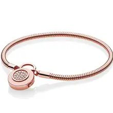 Новейший 925 пробы Серебряный пановый браслет с логотипом розы, фирменный замок, гладкий Змеиный браслет, браслет с бусинами, шарм, сделай сам, ювелирное изделие