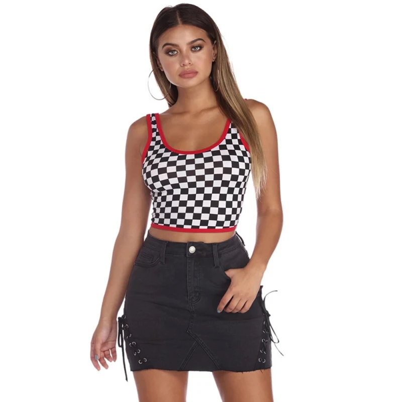 Летняя стрейчевая майка в клетку женская черно белая клетка красная панель