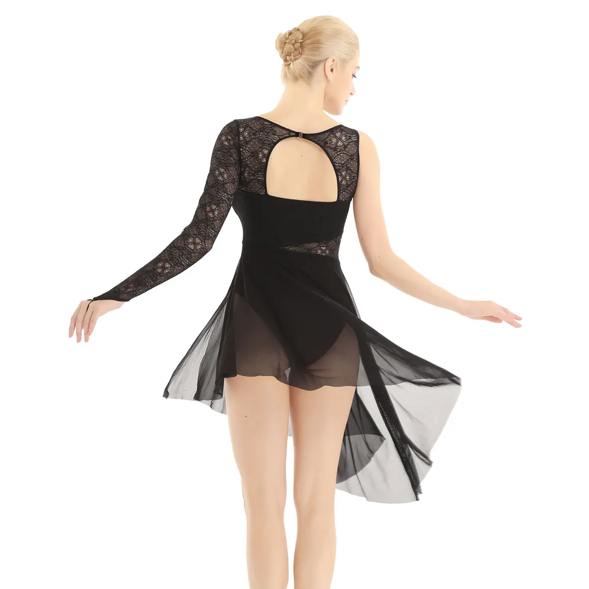 Женский взрослый Лирический балет танцевальное платье с длинным рукавом кружевной лиф Асимметричная гимнастическая трико Современная сетчатая юбка