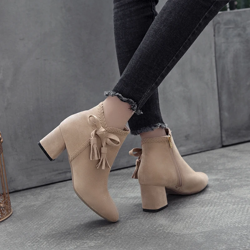 

Ankle Boots for Women Shoes Woman Bow Knot Fringe Winter Boots Female Pointed Toe Square High Heels Zipper Flock Ladies Boots