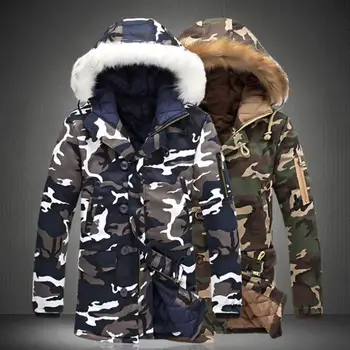 

2020 Winter Men Camouflage Faux Fur Collar Long Sleeve Zip Cotton Coat Hooded Jacket Coats Hooded Overcoats Male Clothes