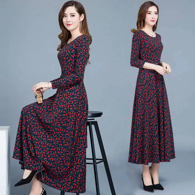 

Autumn Dress Women's 2019 New Style Korean-style Slim Fit Elegant Long over-the-Knee Printed Waist Hugging Big Hemline Middle-ag