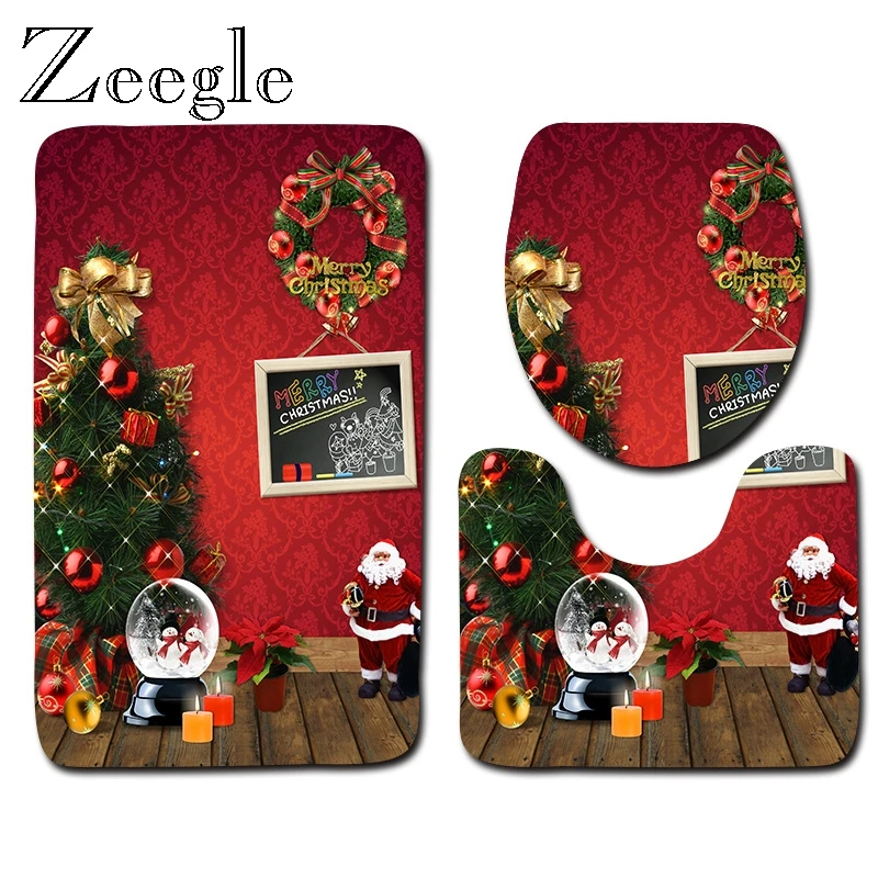 Zeegle Bathroom Mat Set 3pcs Merry Christmas Bathmat Set Absorbent Non-Slip Bathroom Rug Lid Toilet Cover Bathroom Floor Carpet