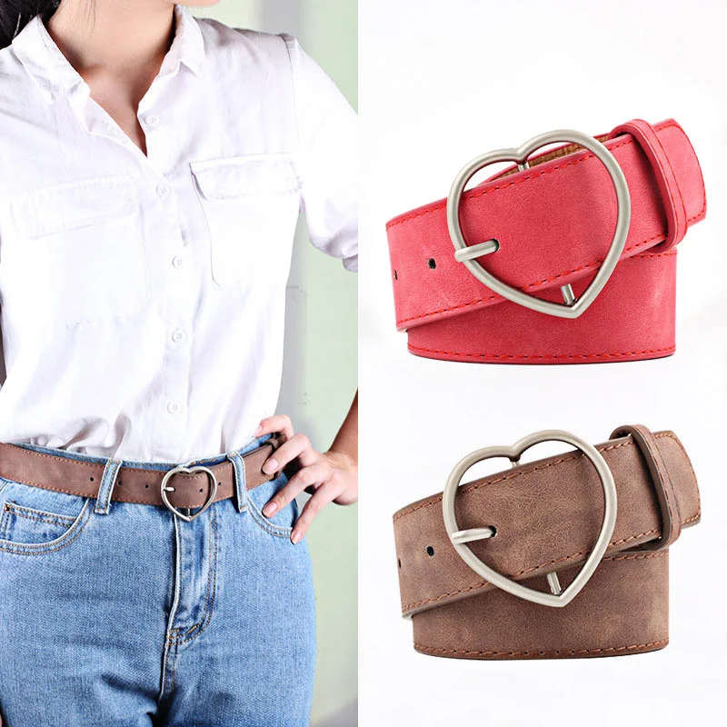 

Fashion Ladies Faux Leather Alloy Love Heart-shaped Buckle Belt Women's Pure Frosted Waistbelt Youth Student Decorative Belt