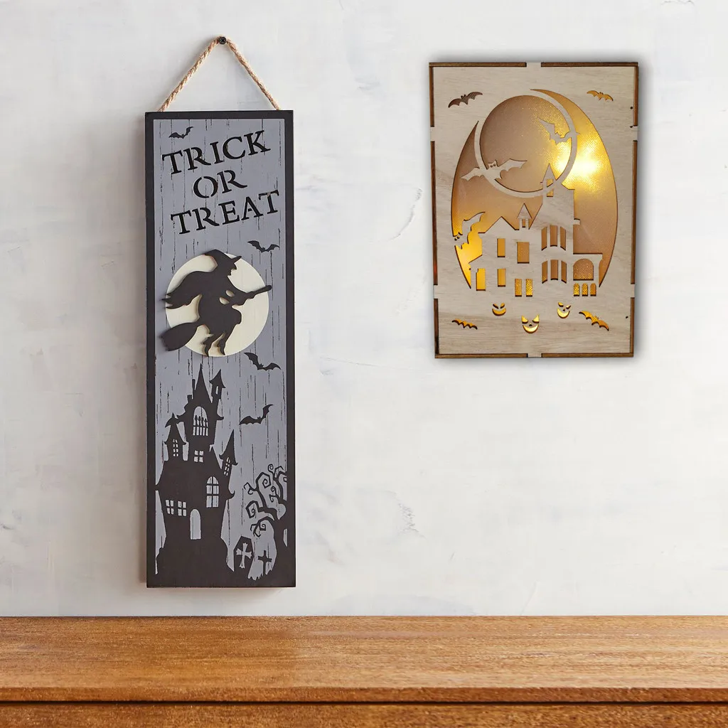Halloween Hanging Decoration Crafts Wooden Pumpkin Haunted House Pendant LED Night Light Halloween Home Decor Clever Party Decor