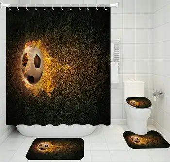 

3/4 Piece Football Bowling Ball Polyester Waterproof Bathroom Kit Toilet Cover Mat Non-slip Mat Shower Room Cover