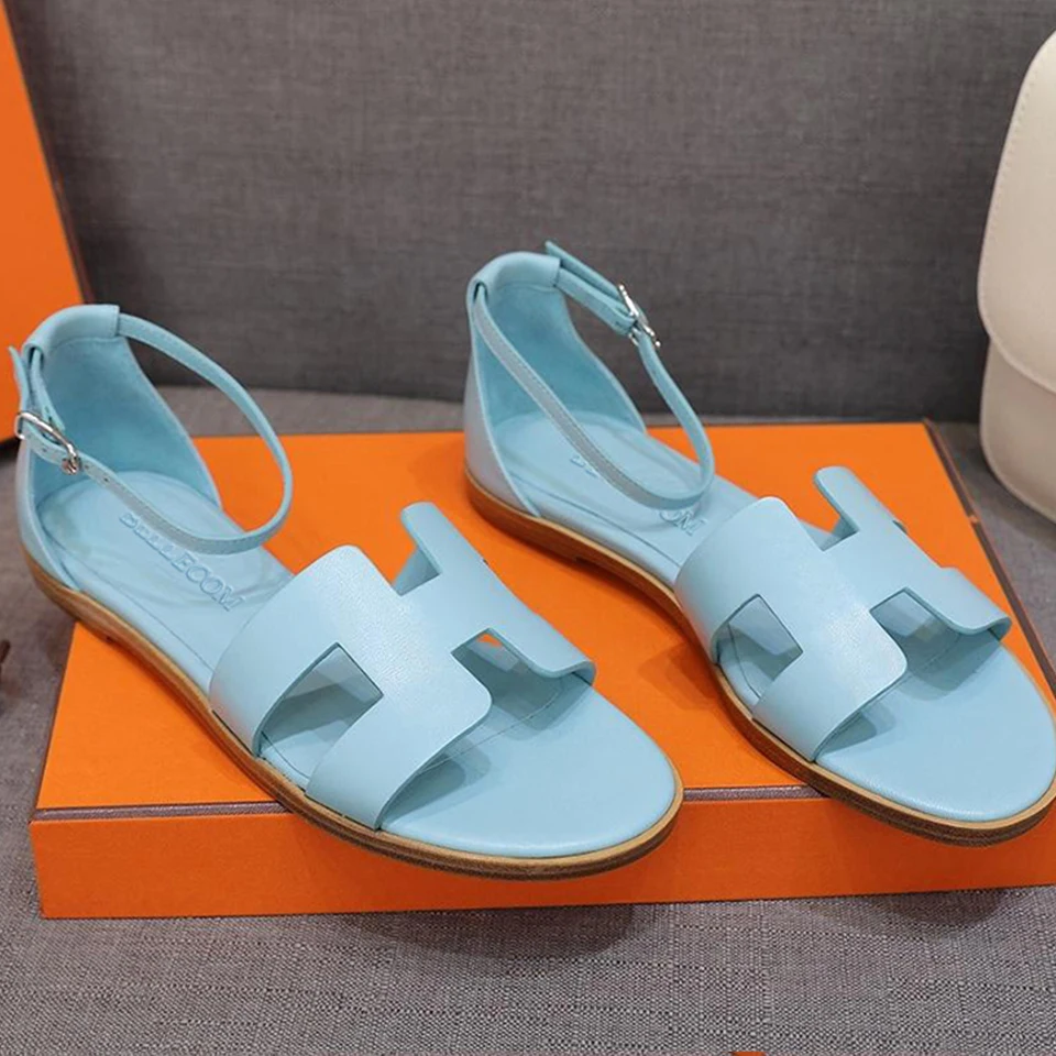 

BELLECOM 2019 Summer New Genuine Leather H-type Fairy Wind Sandals Female Simple Flat-soled Shoes