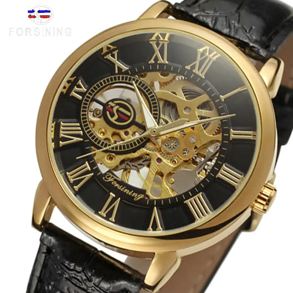 forsining 3d logo design hollow engraving black gold case leather skeleton mechanical watches men luxury brand heren horloge