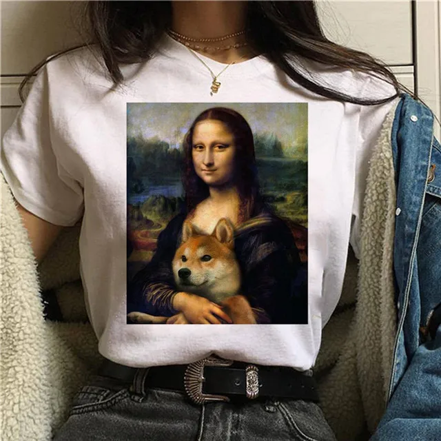 Mona lisa футболка женская уличная одежда собака корейский harajuku забавная футболка Графический ulzzang гранж футболка femme Повседневная Хип-хоп - Цвет: 1066