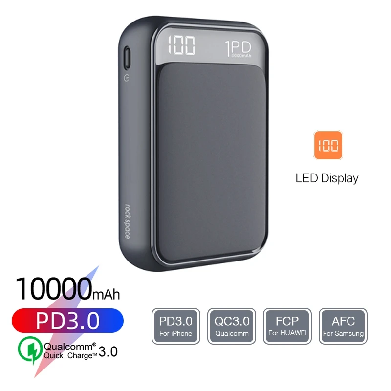 ROCK PD QC 3,0 10000 мАч Мини банк мощности 18 Вт внешняя батарея USB PD type C быстрая зарядка банк питания для iphone samsung S10 - Цвет: Navy blue