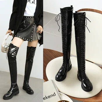 

Women over-the-knee boots plus size 22-26.5cm autumn and winter plush warm Cross straps Buckle skinny boots thigh high boots