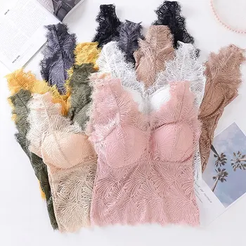 

11Sexy Padded For Female V-Neck Lace Push Up Vest Bra Wide Lace Straps Wrapped Chest Beauty Back Rimless Lace Bottoming Tanks