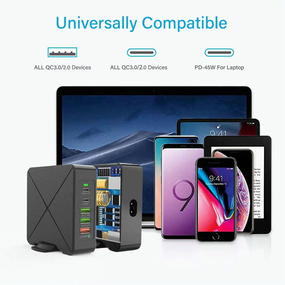 75W USB Charger X8 Wireless Charger Type C 45W PD Charger For iPhone MacBook Huawei Xiaomi Phone Tablet Laptop Travel Adpter