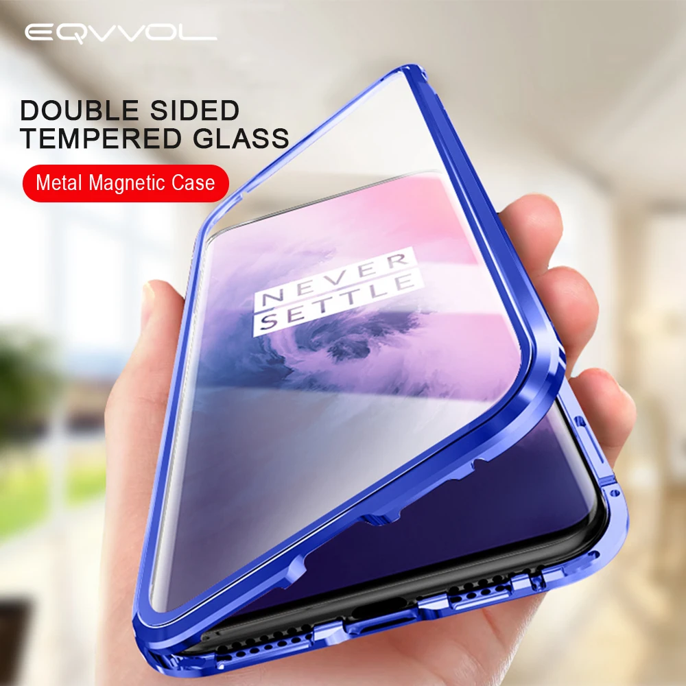 Eqvvol Upgrade Metal Magnetic Case For OnePlus 7 Pro Double Sided 9H Tempered Glass Magnet On One Plus Full Body | Мобильные