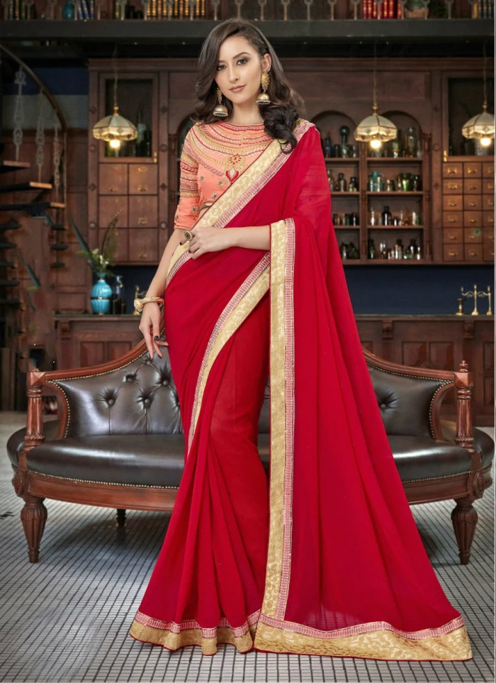 für Damen Einheitsgröße Sari mit ungenähter Bluse Orange indisches Geschenk Sari mit Stickerei 