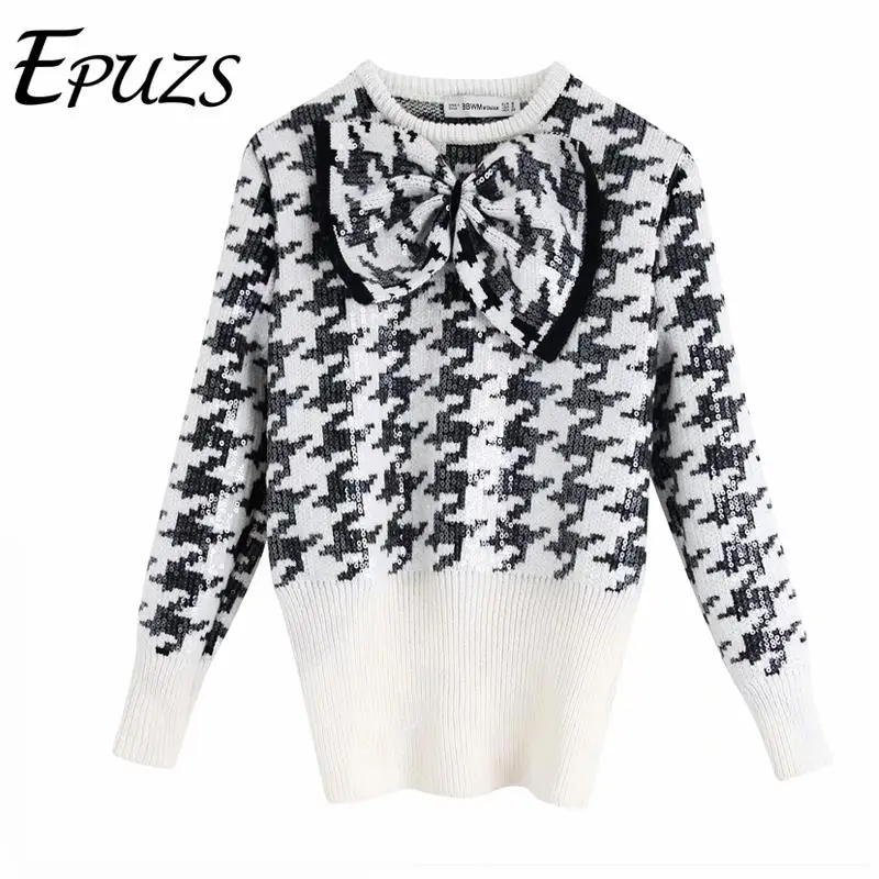 

Spring sequined Houndstooth knitted Sweater women Pullover chic Winter Knitted korean sweater 2020 chic tops