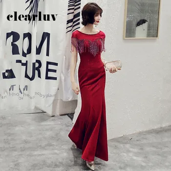 

Burgundy Elegant Evening Dresses DR294 Mermaid Long Party Gowns Sequin Tassel Vestidos De Fiesta O-Neck Formal Dress For Women