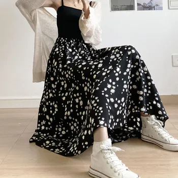 

Long Skirt Womens Skirts Clothing new Spring Summer Black floral High Waist Elastic Harajuku Vintage Streetwear Loose Chiffon