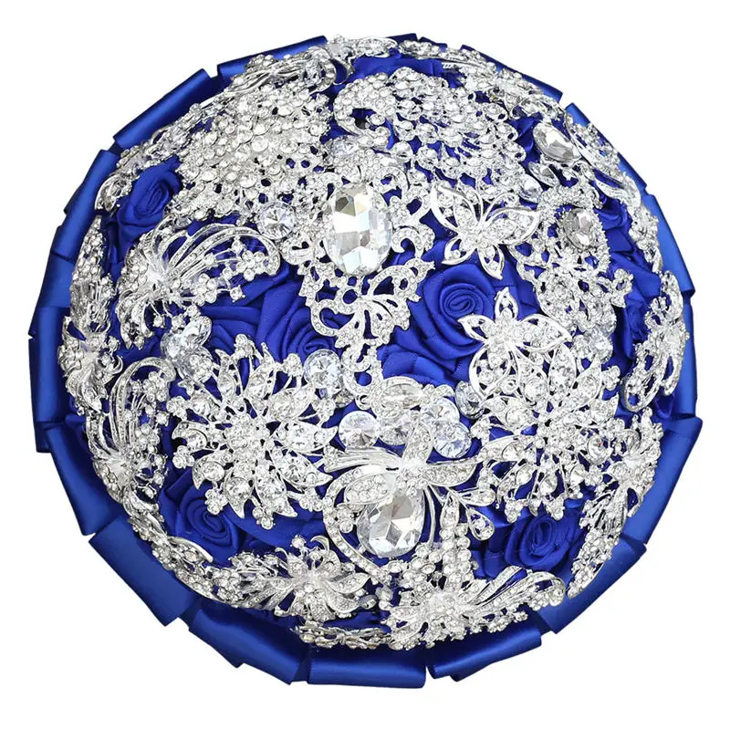 21CM royalblue Искусственный цветок букет подружки невесты блеск Роскошный горный хрусталь свадебный букет Королевский Синий Атлас Роза держа цветок W2999 - Цвет: 21CM royalblue