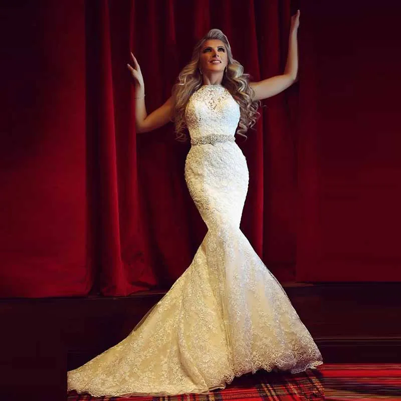 

Modern Classic Mermaid Lace Sleeveless Bridal Wedding Gowns Jewel Neck Beaded Belt Wedding Dresses for Bride Slim Court Train