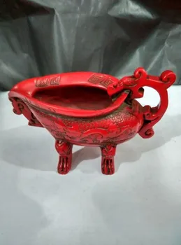 

12 cm */exquisita escultura Manual Antigua China resina roja tres patas dragón copa de vino