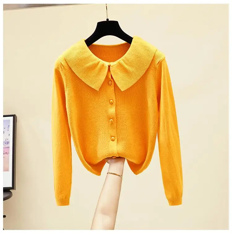 Nonis New Loose Women Knitted Cardigan Sweater Single-breasted Elegant Sweet Doll Collar Long Sleeve Jumper Lady Outwear - Color: orange