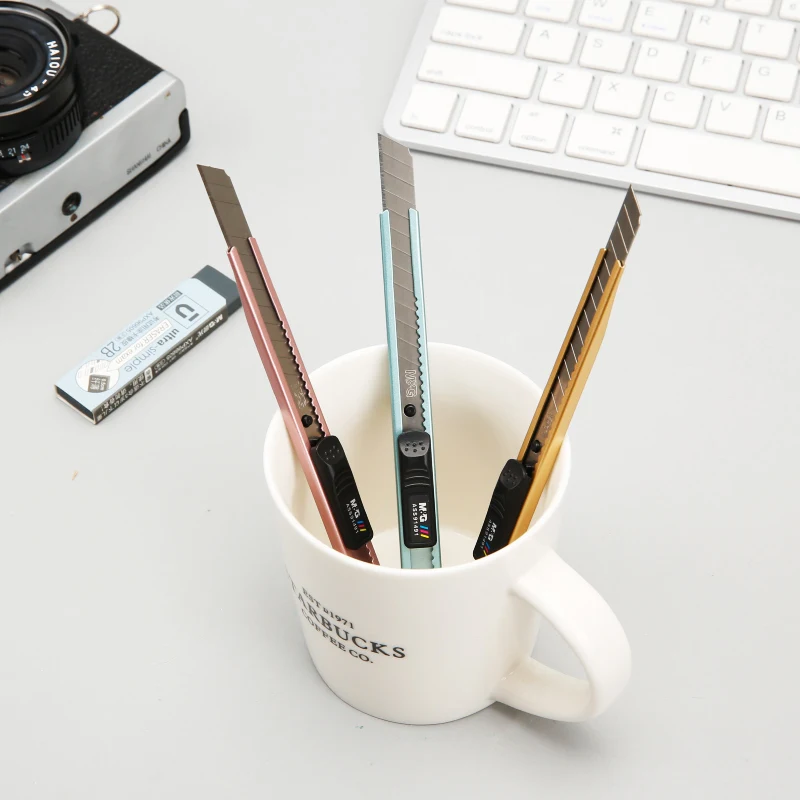 M&G 3/6/12pcs Cool Metallic Color Mini Utility Knife 9mm Paper Cutter Stationery Knife Stainless Steel Metal Office Craft Box
