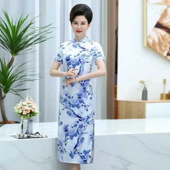 

Woman Summer Floral Qipao Dress Green Blue Red Mandarin Collar Short Sleeve Calf Length Side Slit Slim FIt Cheongsam Dress Lady