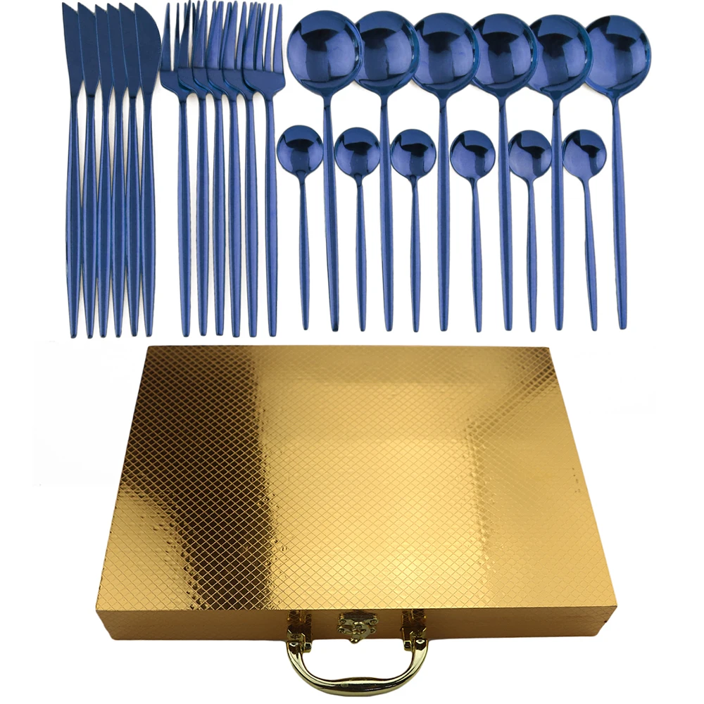 24Pcs Blue Розовые золотые столовые приборы, набор черной посуды, вилка, нож, обеденная ложка, набор из 304 нержавеющей стали, посуда для кухни, столовое серебро с коробкой - Цвет: 24Pcs Blue