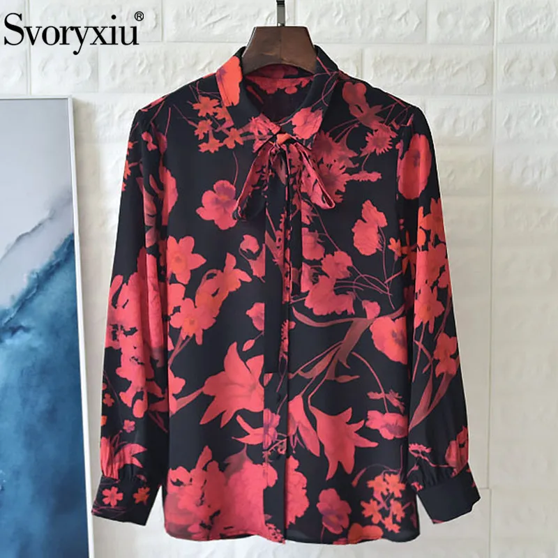 

Svoryxiu High End 100% Silk Blouse Shirt Women's Long Sleeve Vintage Printed Autumn Designer Blouse Tops Shirts