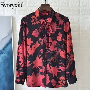 

Svoryxiu High End Silk Blouse Shirt Women's Long Sleeve Vintage Printed Autumn Designer Blouse Tops Shirts