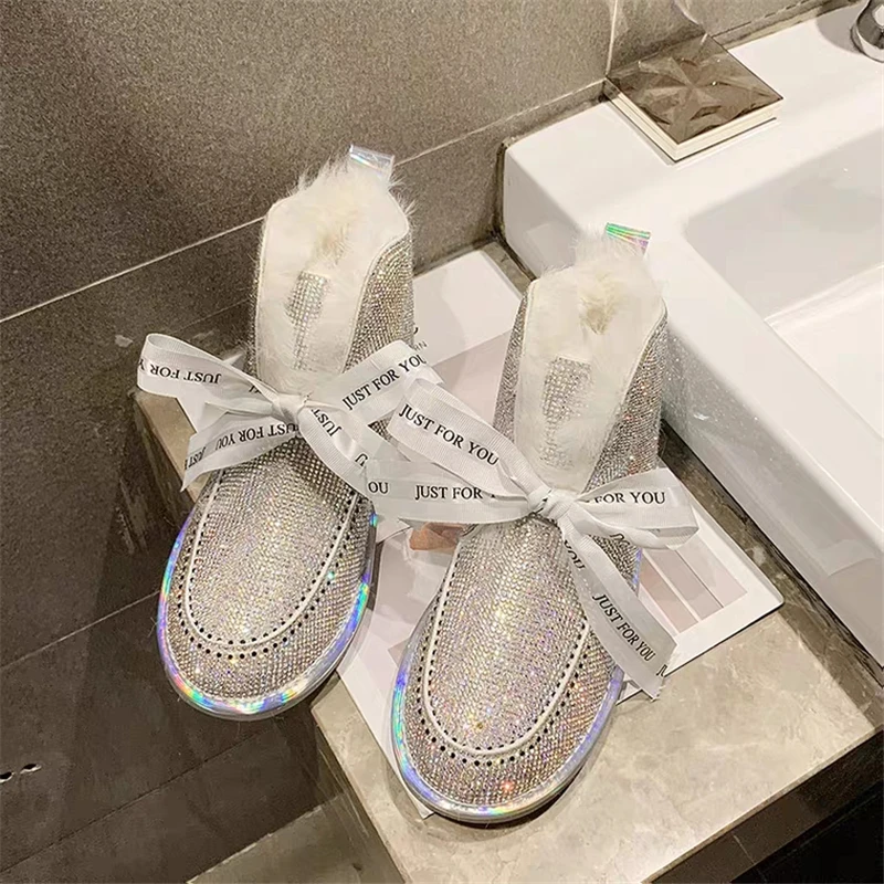 Зимние сапоги женские меховые универсальные зима 2021 новые Стразы с бантом