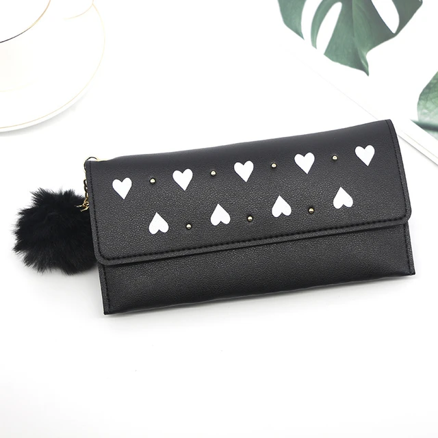 Women's purses Long Wallets Pure Color Wool Ball Bow Clutch Bag Card Coin Purse Standard Wallets PU Solid Polyester Wallet Black