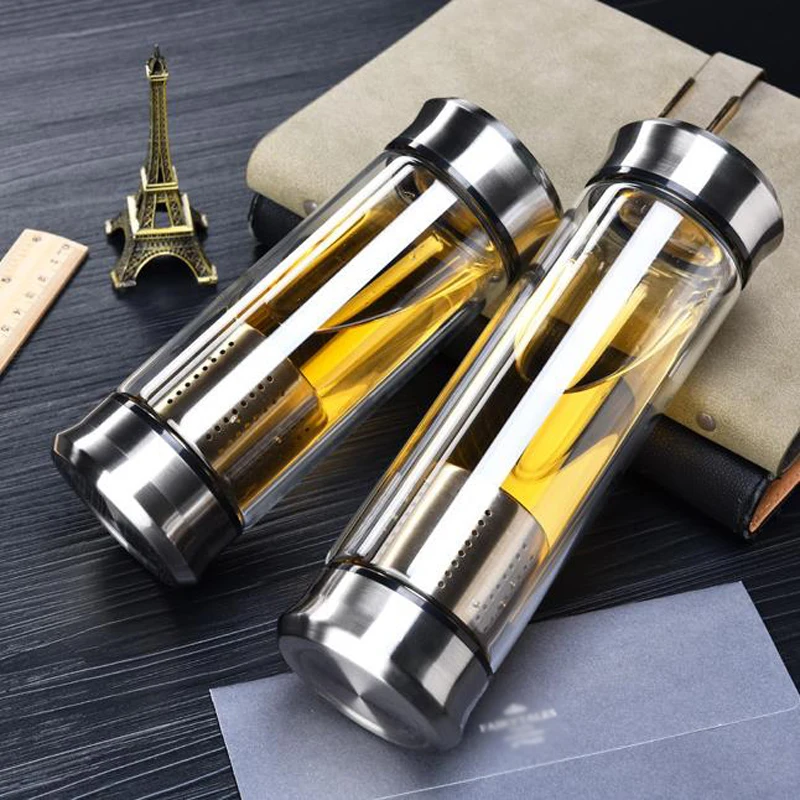 400ML Water Bottle Glass Bottle With Tea Infuser Filter Double Wall Glass Tea Coffee Juice Cup Business Type Sport Water Tumbler