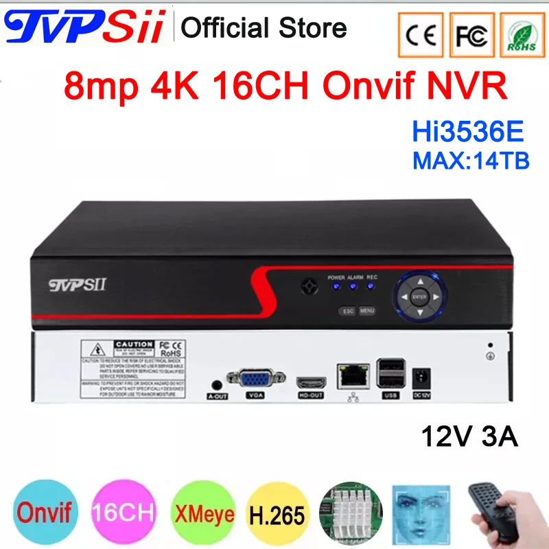 Красная панель 12 В 3 А Hi3536E Auido H.265 + 8 Мп 4K 16 каналов распознавание лиц Onvif CCTV NVR DVR