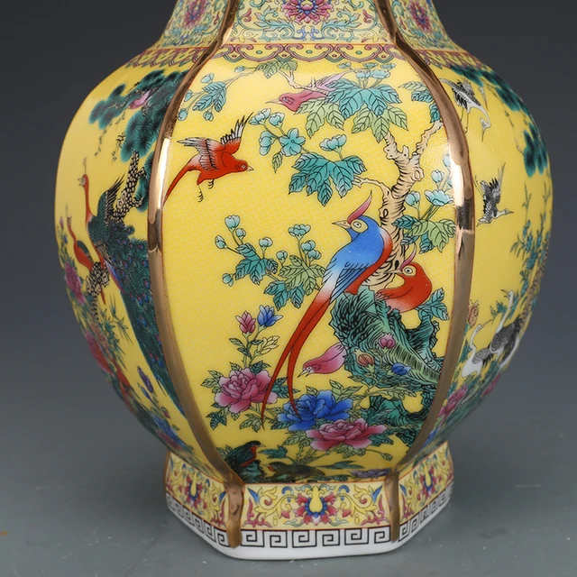 Yellow Color Golden Enamel Fower Bird Pattern Hexagonal Vase Antique Ornaments Jingdezhen Porcelain 5
