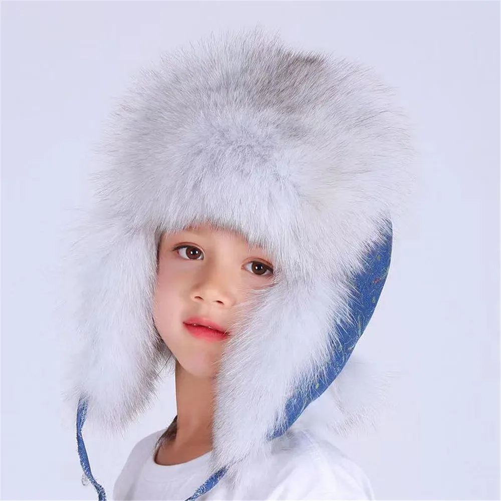 Natural blue fox fur Детская шапка с натуральным лисьим мехом, русская Лыжная шапка, лыжная шапка с ушками(подходит для детей старше 8 лет - Цвет: Natural blue fox fur