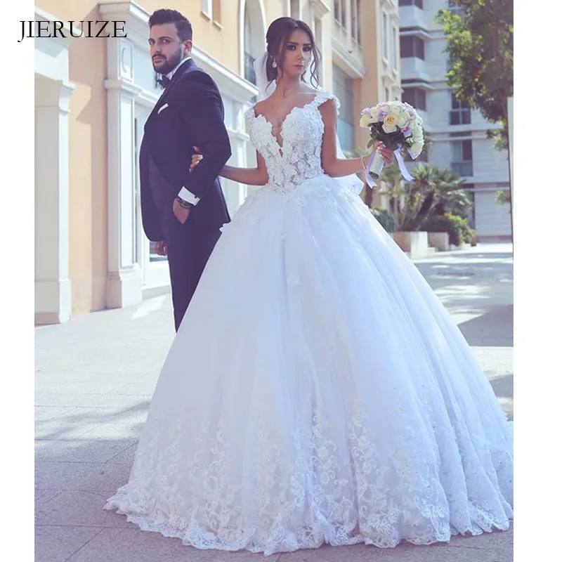 

JIERUIZE Vintage Lace Appliques Ball gown Wedding Dresses Lace Up Back Wedding Gowns Bride Dress robe de soiree