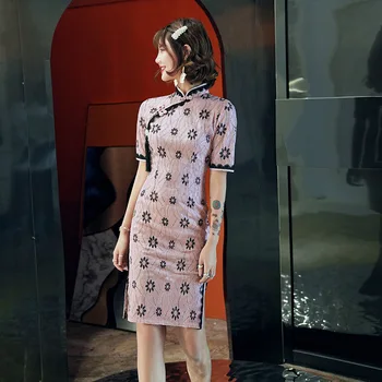 

Elegant Mandarin Collar Women Cheongsam Pink Lace Sexy Short Wedding Party Dress Gown Novelty Flower Split Qipao Vestidso 3XL