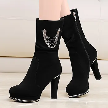 

Cow Suede Beautiful Mid Calf Boots For Women Zip Martin Comfortable Casual Boots Round Toe High Heel Boot Shoes Black YG-A0047