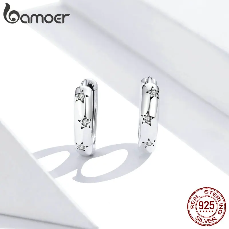 bamoer Silver 925 Jewelry Spraking Star Minimalist Ear Hoops Earrings for Women Sterling Silver Fine Jewelry Pendientes SCE873 - Image 4