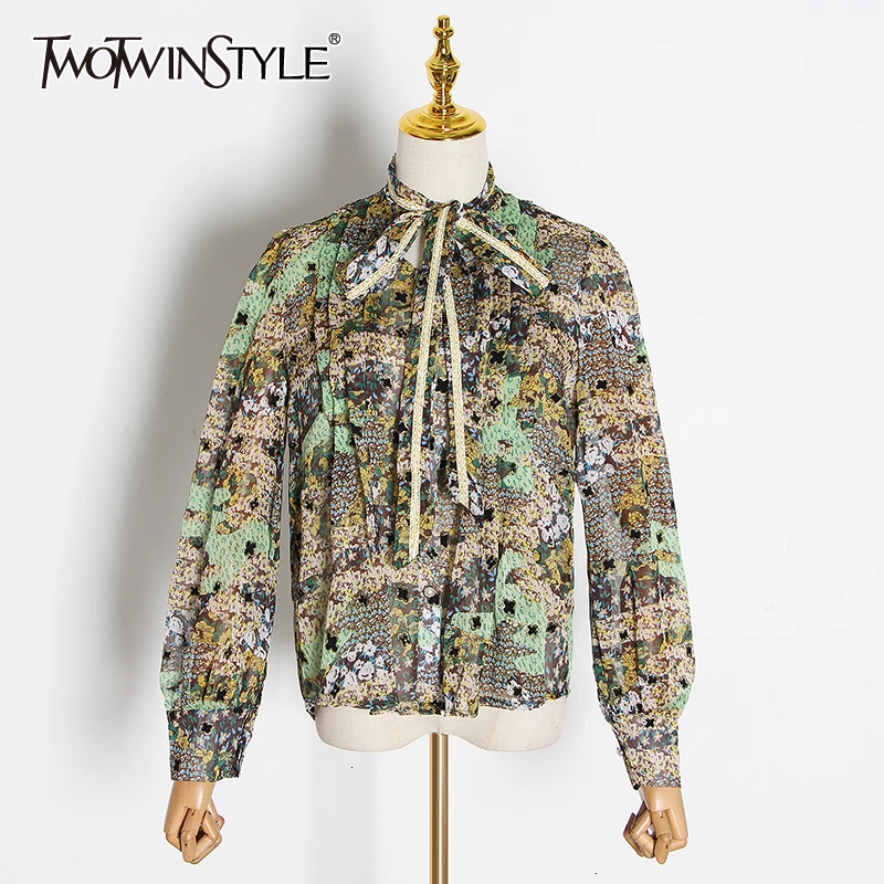 TWOTWINSTYLE Print Patchwork Sequin Women's Shirt Stand Collar Long Sleeve Lace Up Bowknot Autumn Blouse Female Fashion New